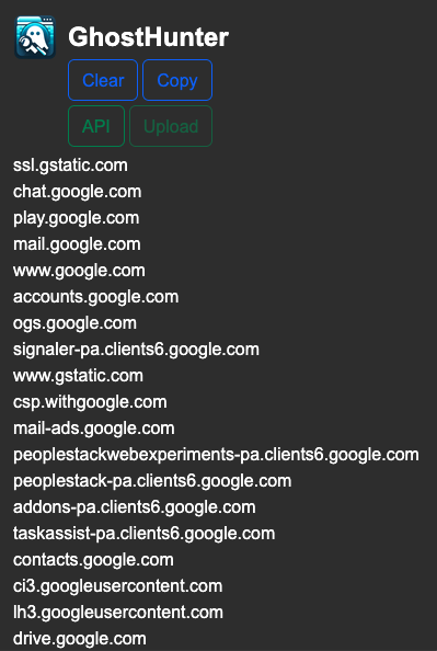 GhostHunter popup showing captured domains from a Google browsing session